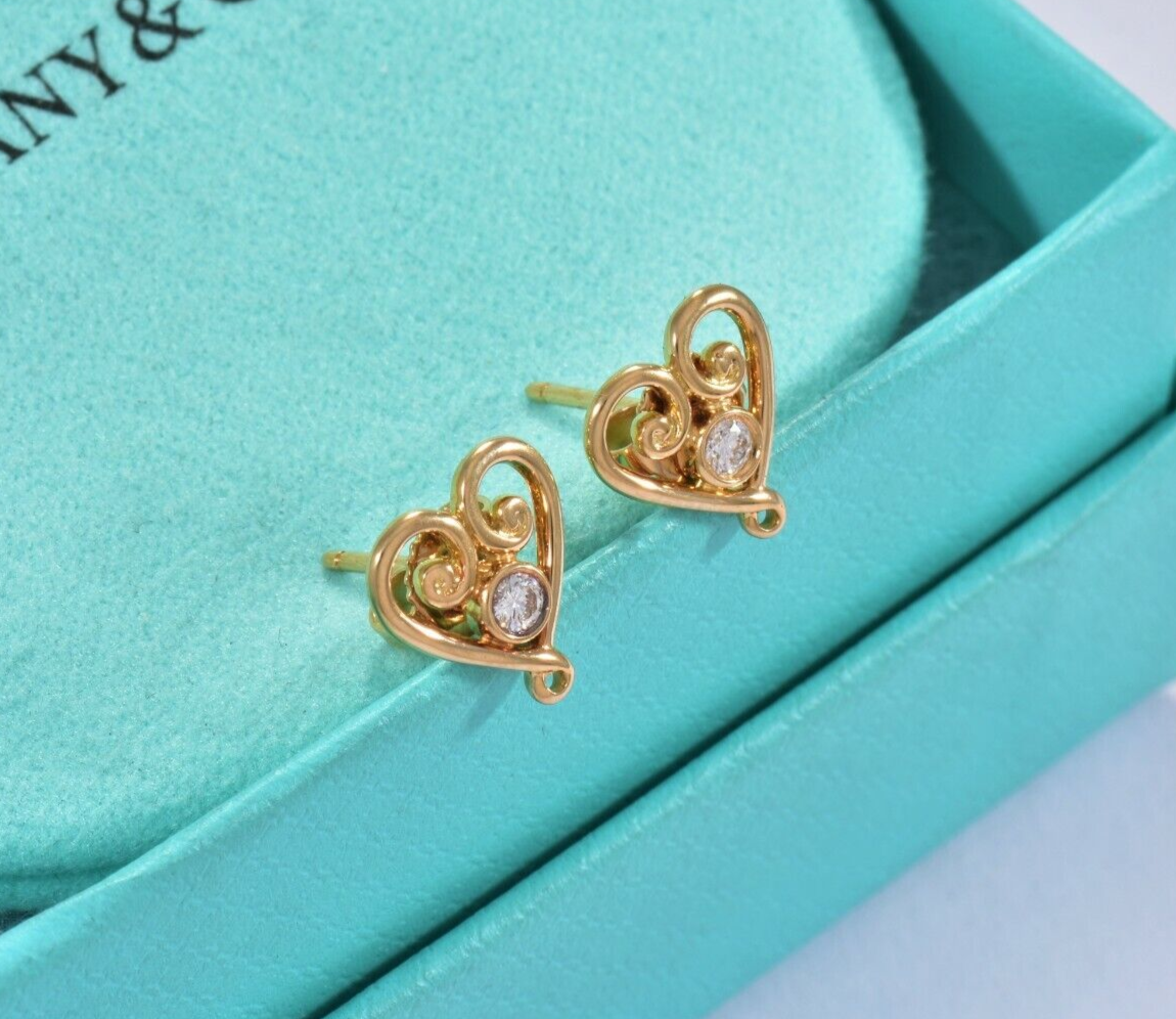 Tiffany & Co Diamond 18K Yellow Gold Picasso Venezia Goldoni Heart Earrings Box