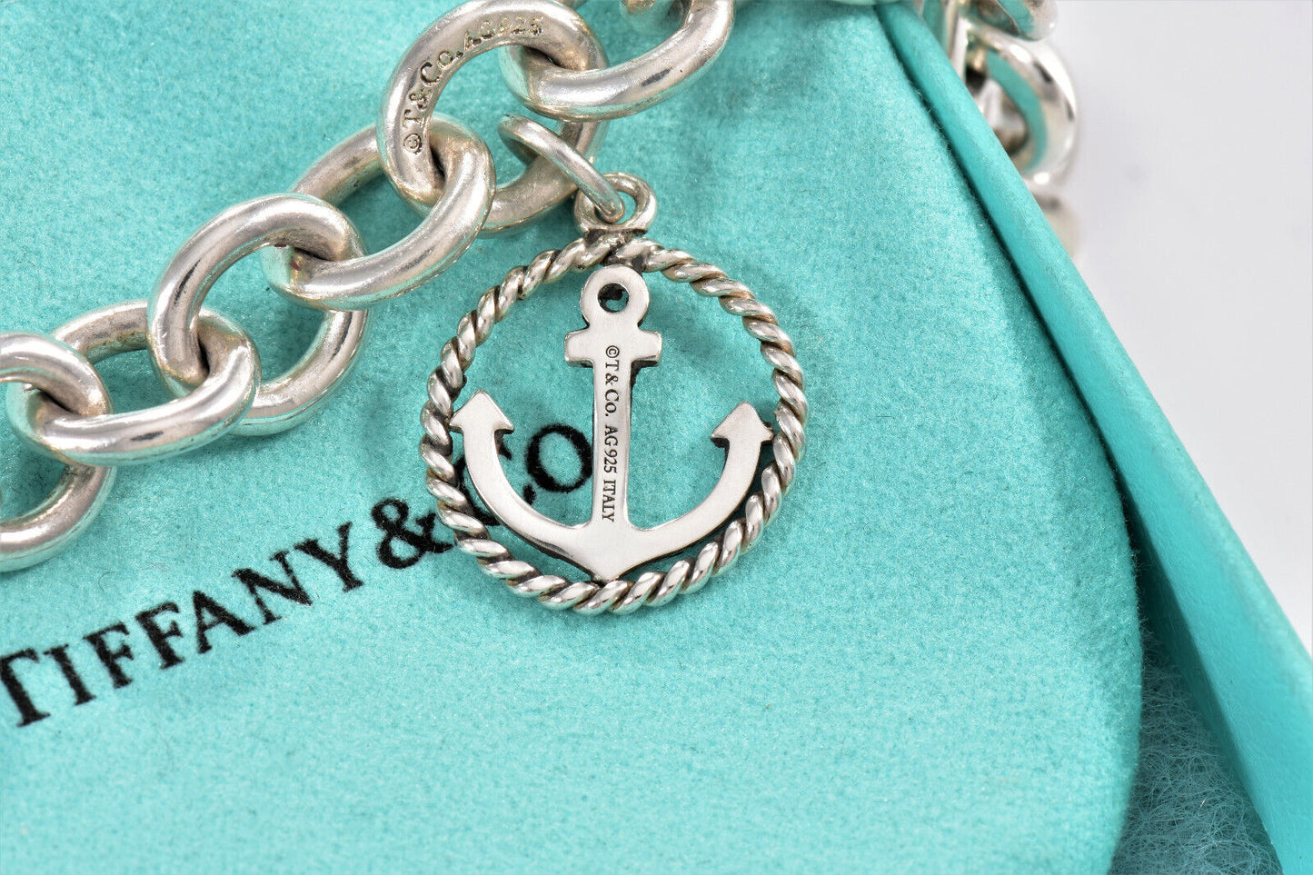 Tiffany & Co Sterling Silver Anchor Charm 8" Chain Link Bracelet in Pouch Rare