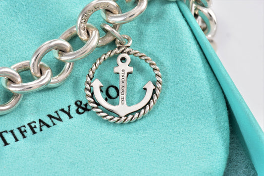 Tiffany & Co Sterling Silver Anchor Charm 8" Chain Link Bracelet in Pouch Rare