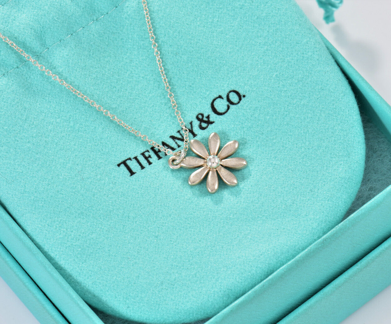 Tiffany & Co Brushed Silver Daisy Flower Pendant Necklace in Pouch Rare Matte