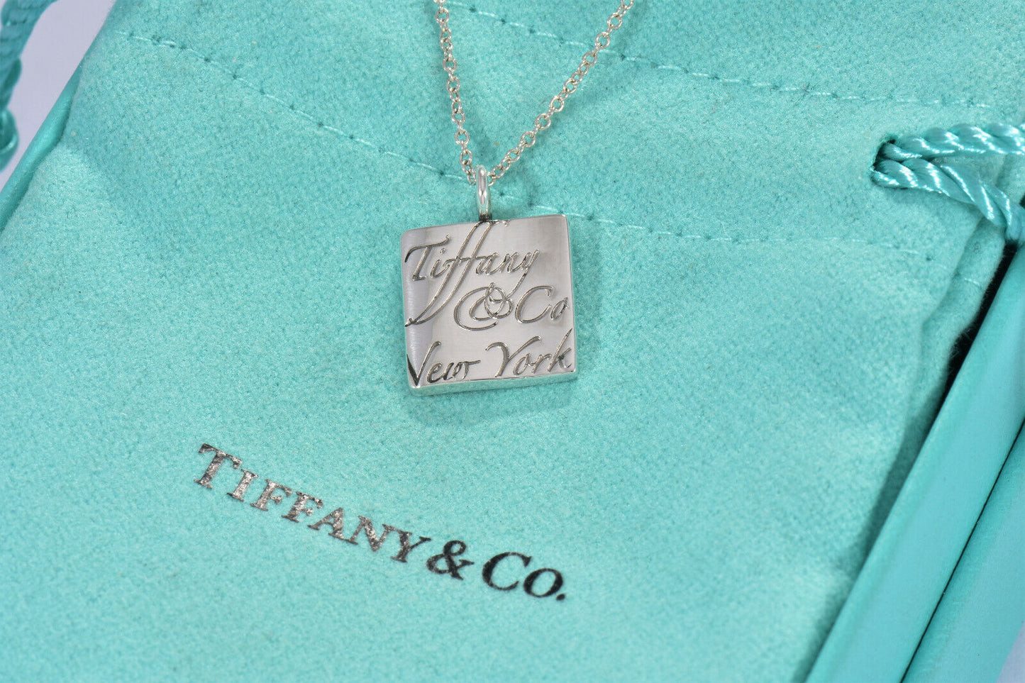 Tiffany & Co Sterling Silver NY Notes Square Wavy Pendant Necklace in Pouch Rare