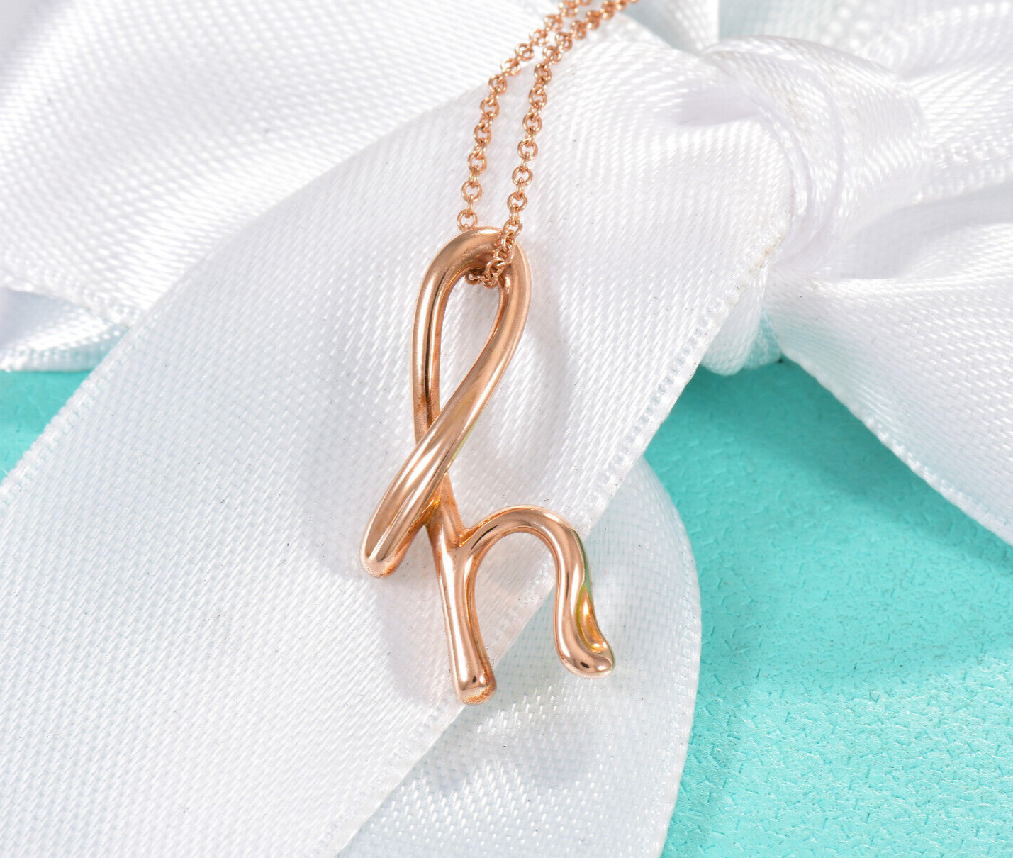 Tiffany & Co 18K Rose Gold Elsa Peretti Letter H Pendant 16.25" Necklace in Box