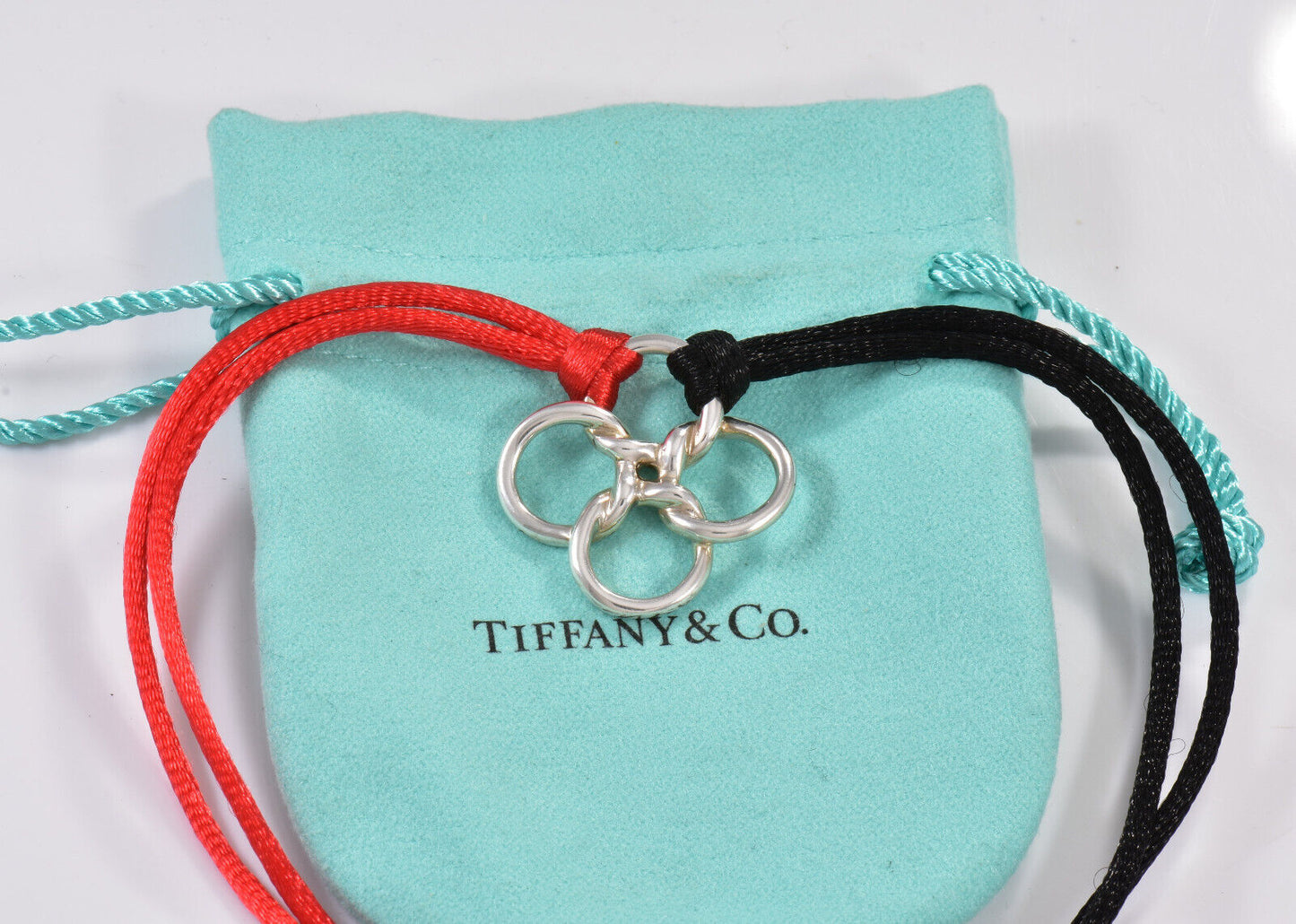 Tiffany & Co Silver Elsa Peretti 1" Quadrifoglio Clover Red Black Silk Necklace