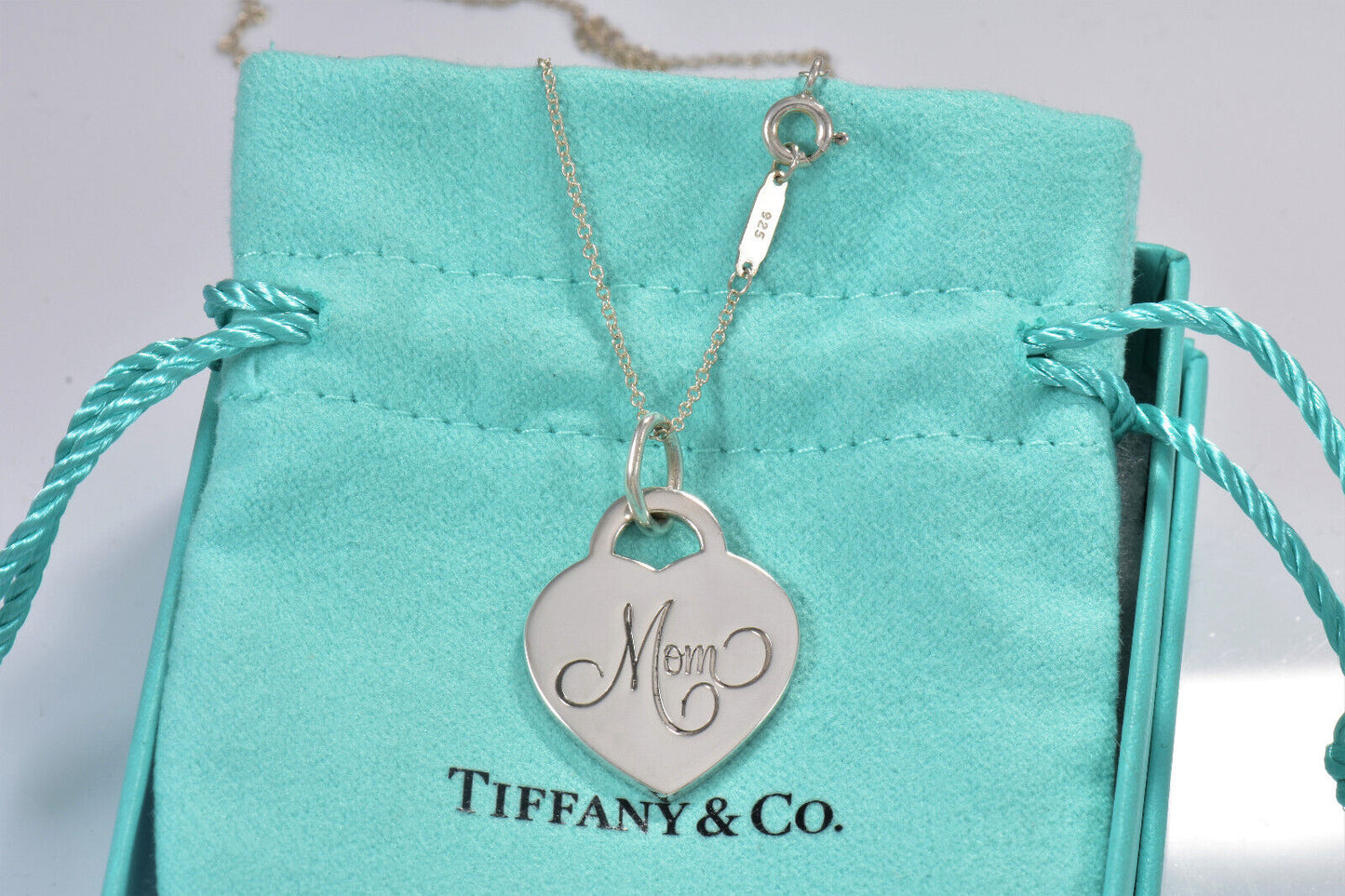 Tiffany & Co Silver Mom Heart Tag Pendant 20" Necklace in Box Pouch Lovely Gift