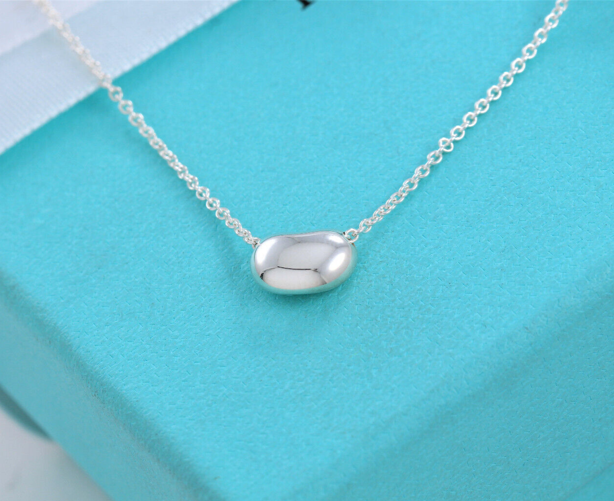 Boxed Tiffany & Co Silver Elsa Peretti 9mm Bean Pendant 17.5" Necklace Box Pouch