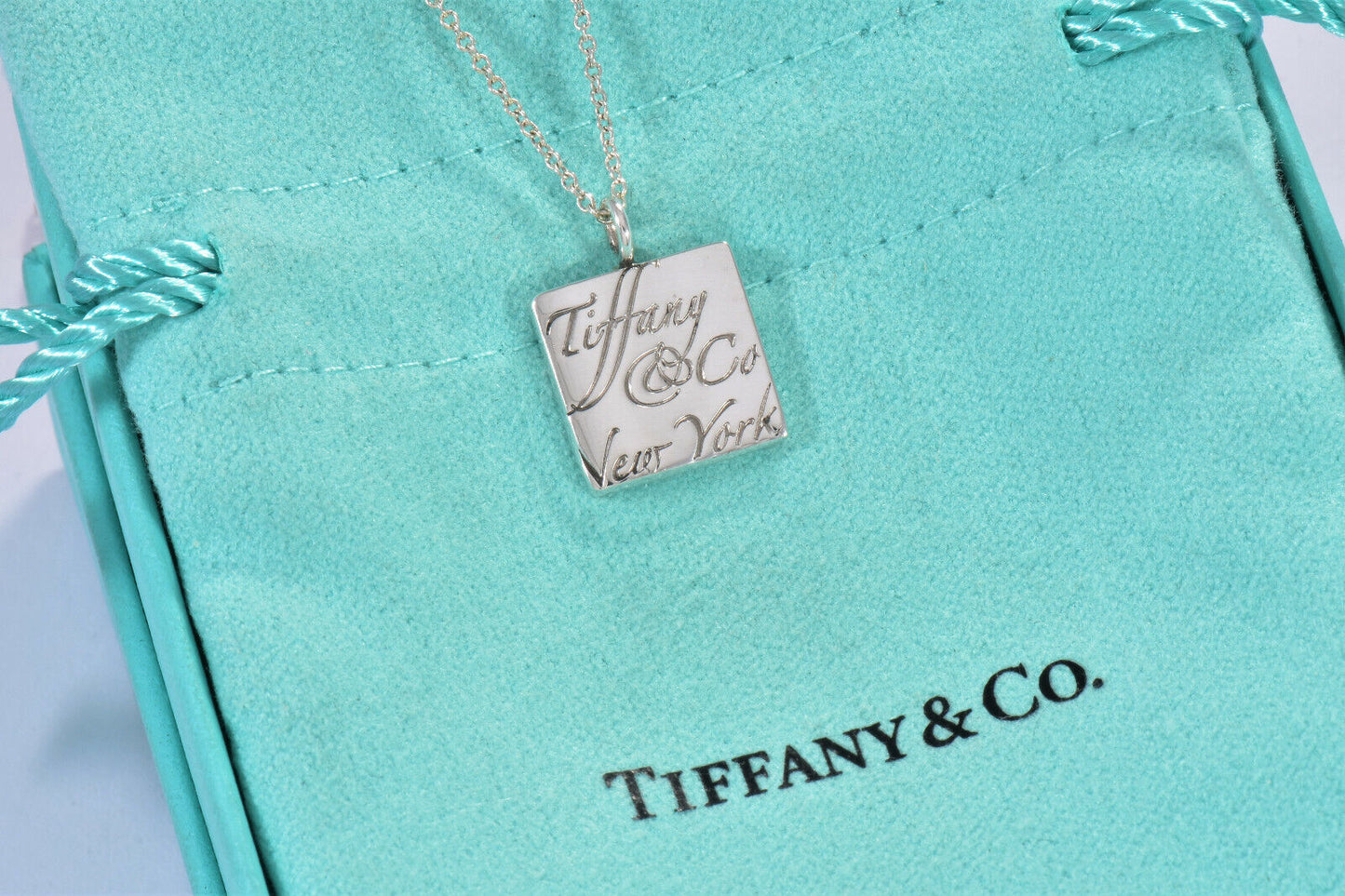 Tiffany & Co Sterling Silver NY Notes Square Wavy Pendant Necklace in Pouch Rare