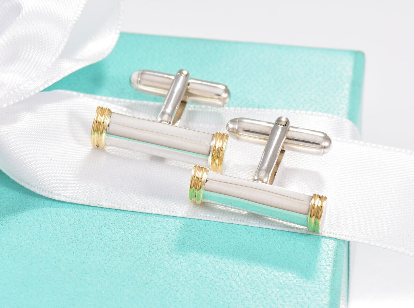 Tiffany & Co 18k Gold Silver Bar Coil Cufflinks in Pouch Mens Suit Pilot Rare