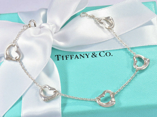 Tiffany & Co Elsa Peretti Silver Five Open Heart 7" Chain Bracelet & Box Pouch 5