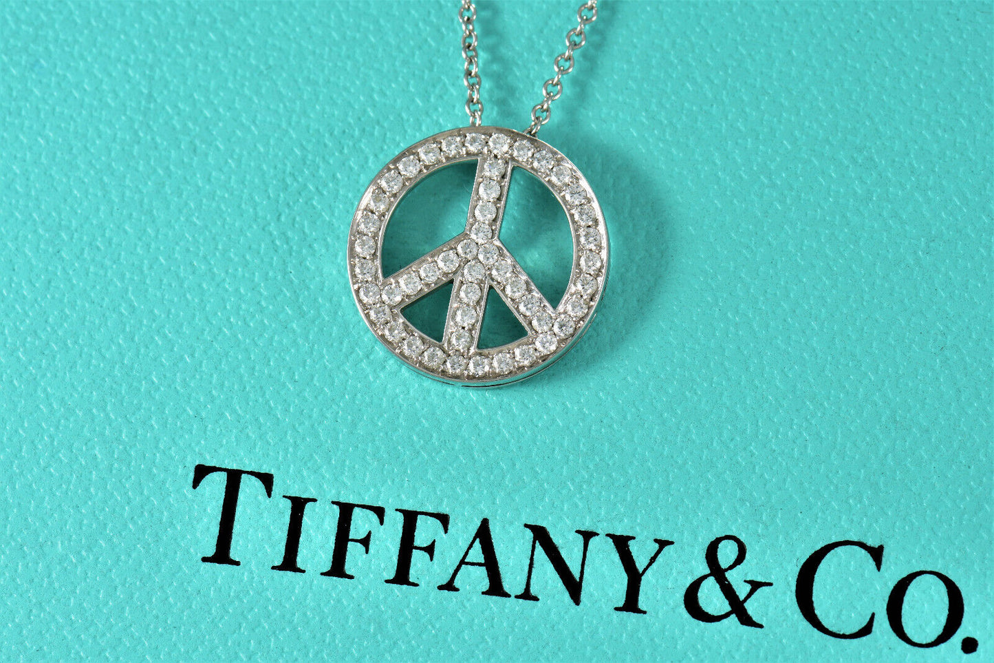 Tiffany & Co Platinum Diamond Large 15mm Peace Sign Pendant 22.5" Necklace Boxed