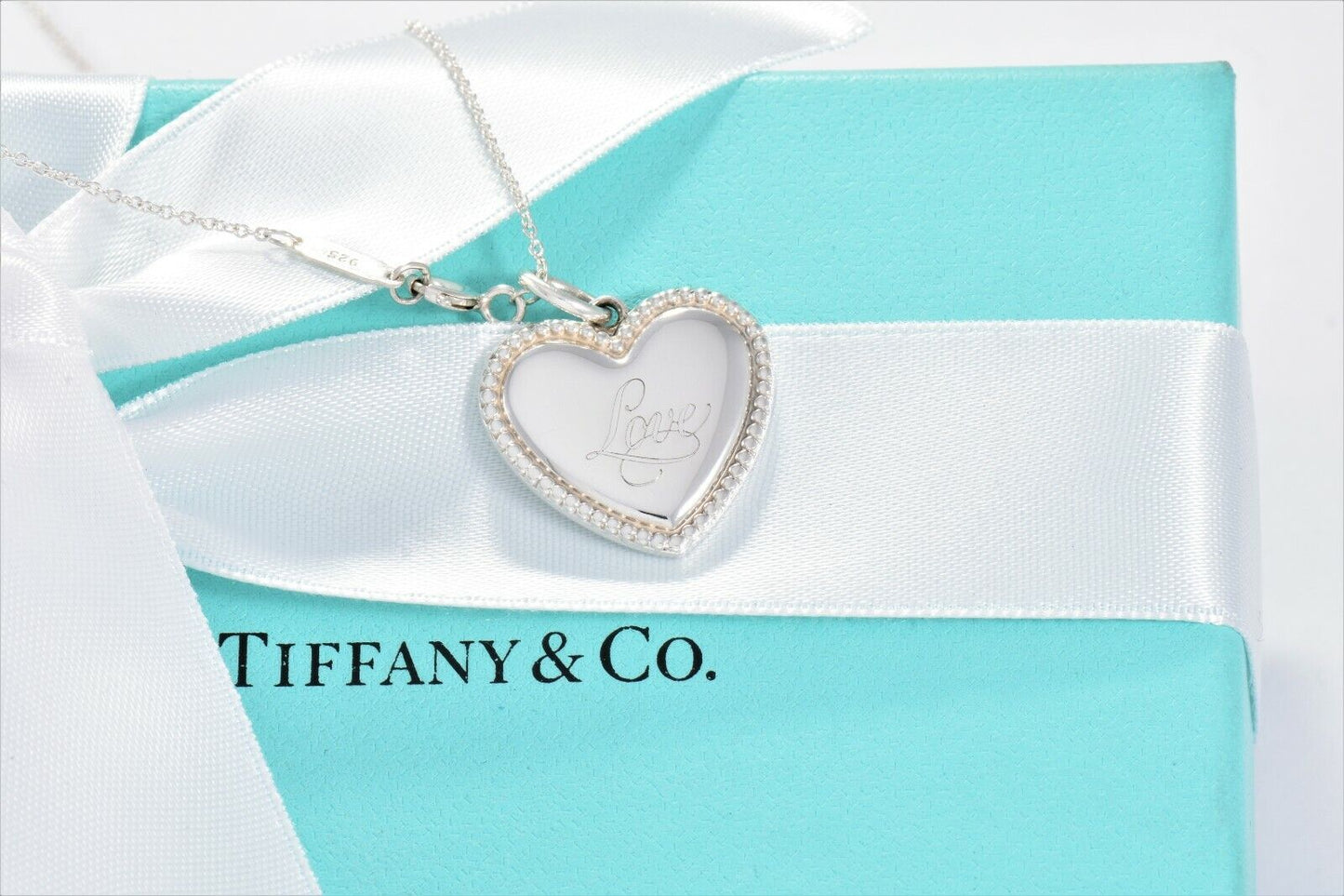 Tiffany & Co Silver Heart Love Signature Bead Pendant Necklace in Box Pouch Rare