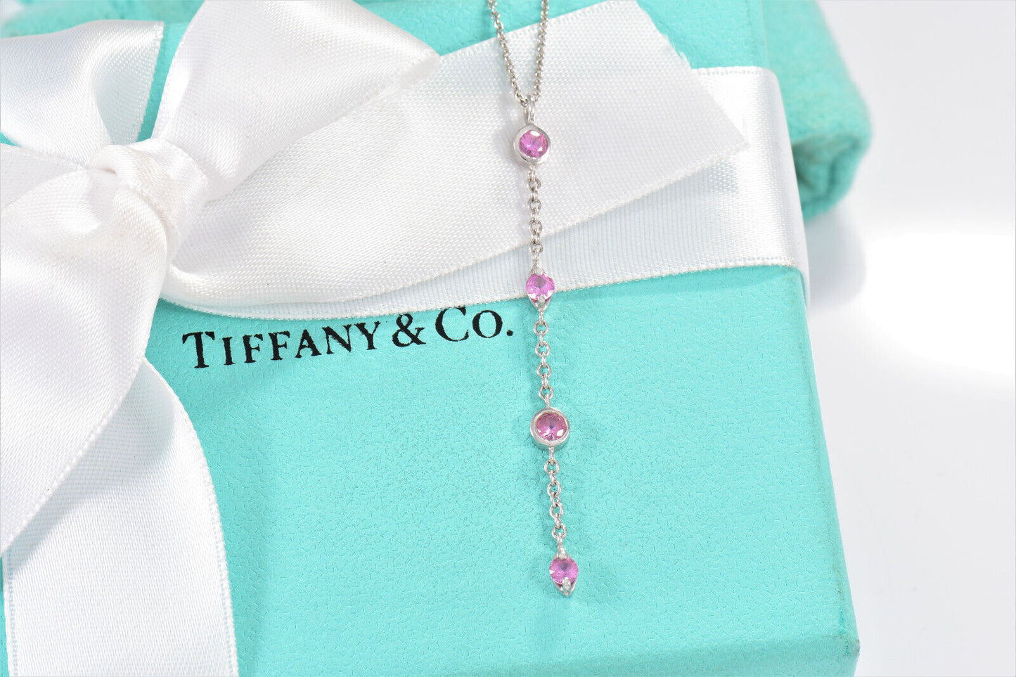 Tiffany & Co Pink Sapphire Chandelier 18K White Gold Drop Pendant Necklace Boxed