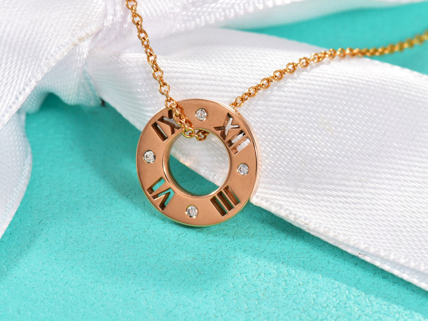 Tiffany & Co Diamond 18K Rose Gold Atlas Circle Pendant Necklace in Box Pouch