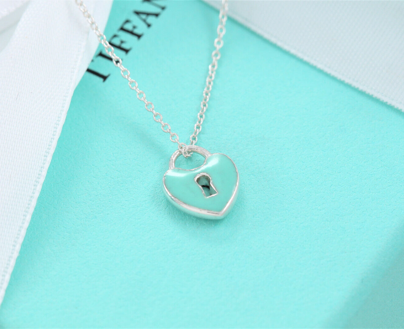 Tiffany & Co Silver Blue Enamel Small Heart Lock 16.5" Necklace in Pouch Keyhole