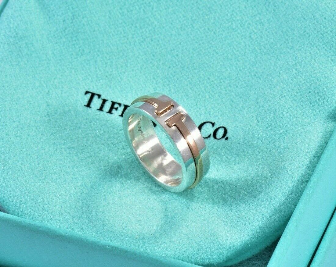 Tiffany & Co Silver 18k Rose Gold T Square 6mm Wide Band Ring Size 4 and Pouch