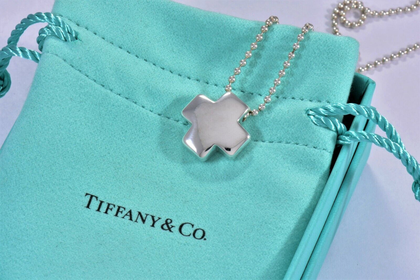 Tiffany & Co Italy Sterling Silver Swiss Cross Pendant Bead Chain Necklace Pouch