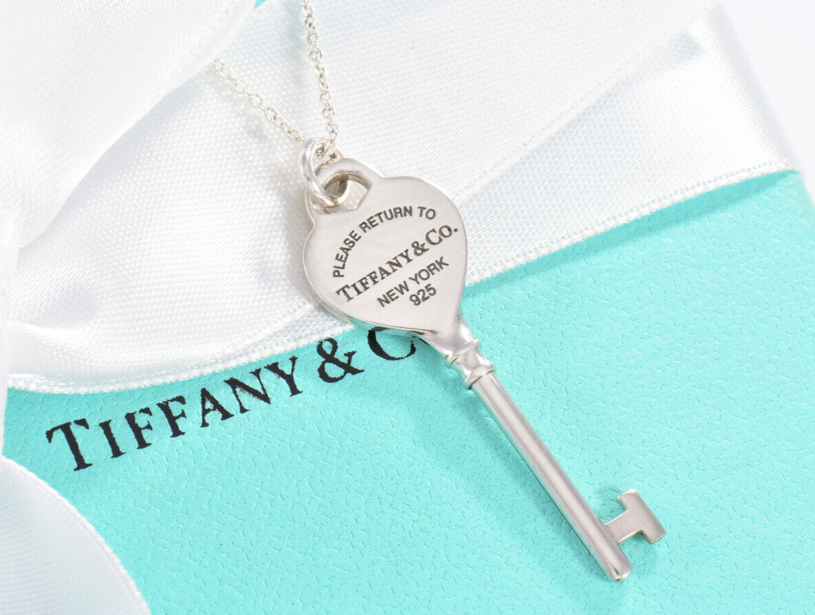 Please Return To Tiffany & Co Sterling Silver Heart Key 16.5" Necklace in Pouch