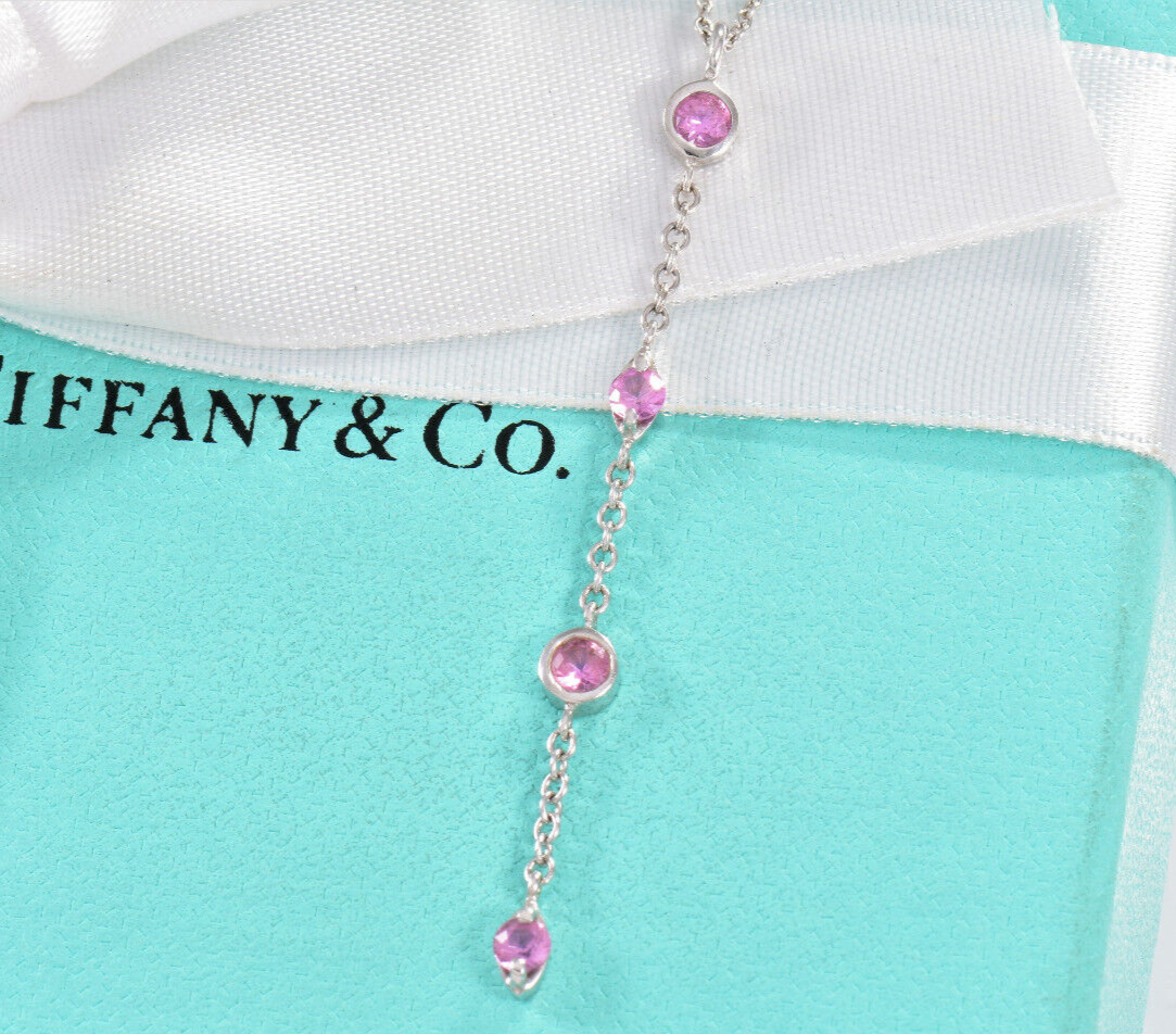 Tiffany & Co Pink Sapphire Chandelier 18K White Gold Drop Pendant Necklace Boxed