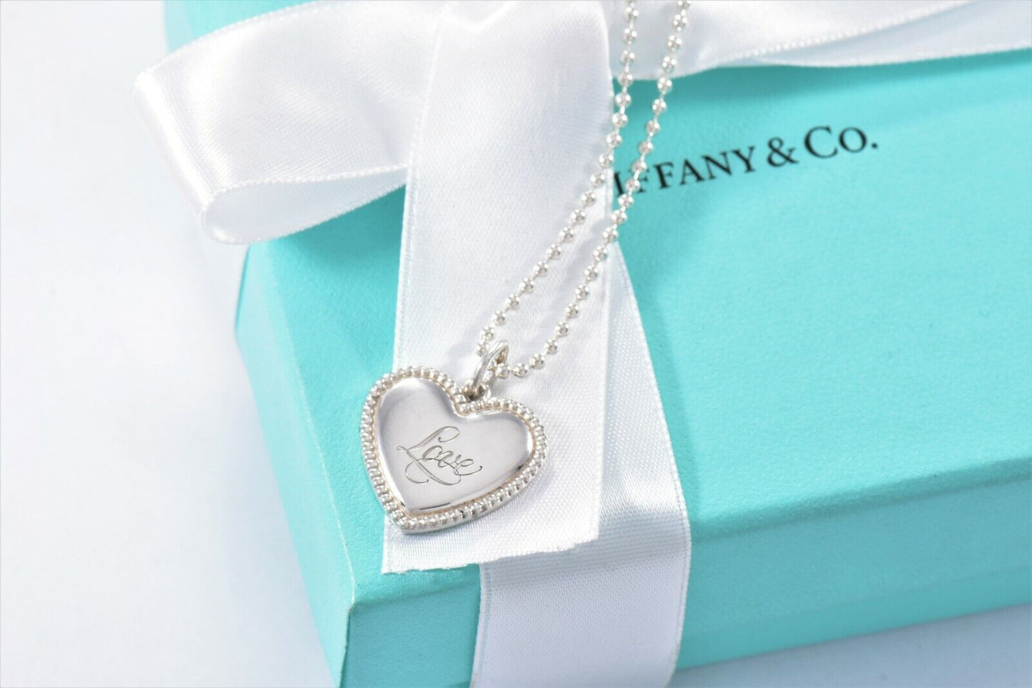 Tiffany & Co Silver Love Signature Heart Pendant Bead Necklace Box Pouch Ribbon