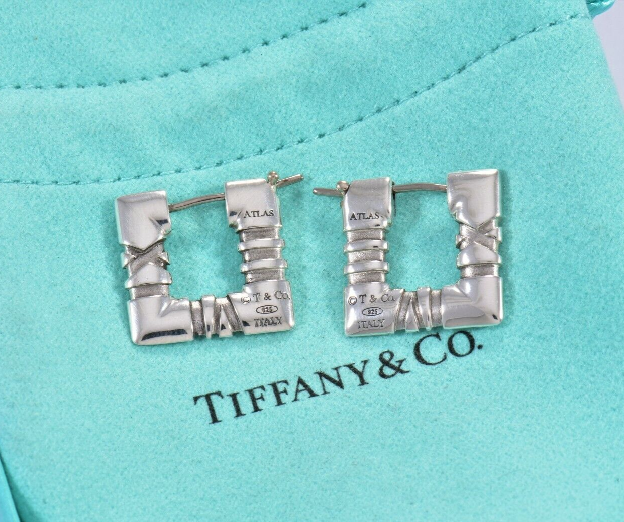 Tiffany & Co Sterling Silver Atlas Square Hoop Earrings in Pouch Roman Numeral