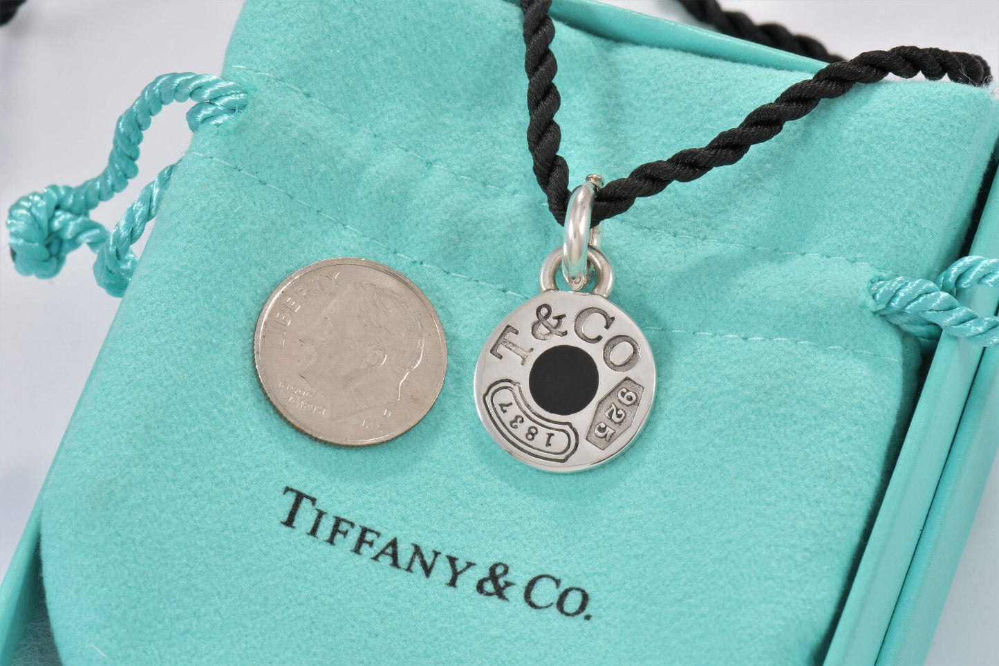 Tiffany & Co Silver Black Enamel 1837 Circle Charm Pendant 30.5" Rope Necklace