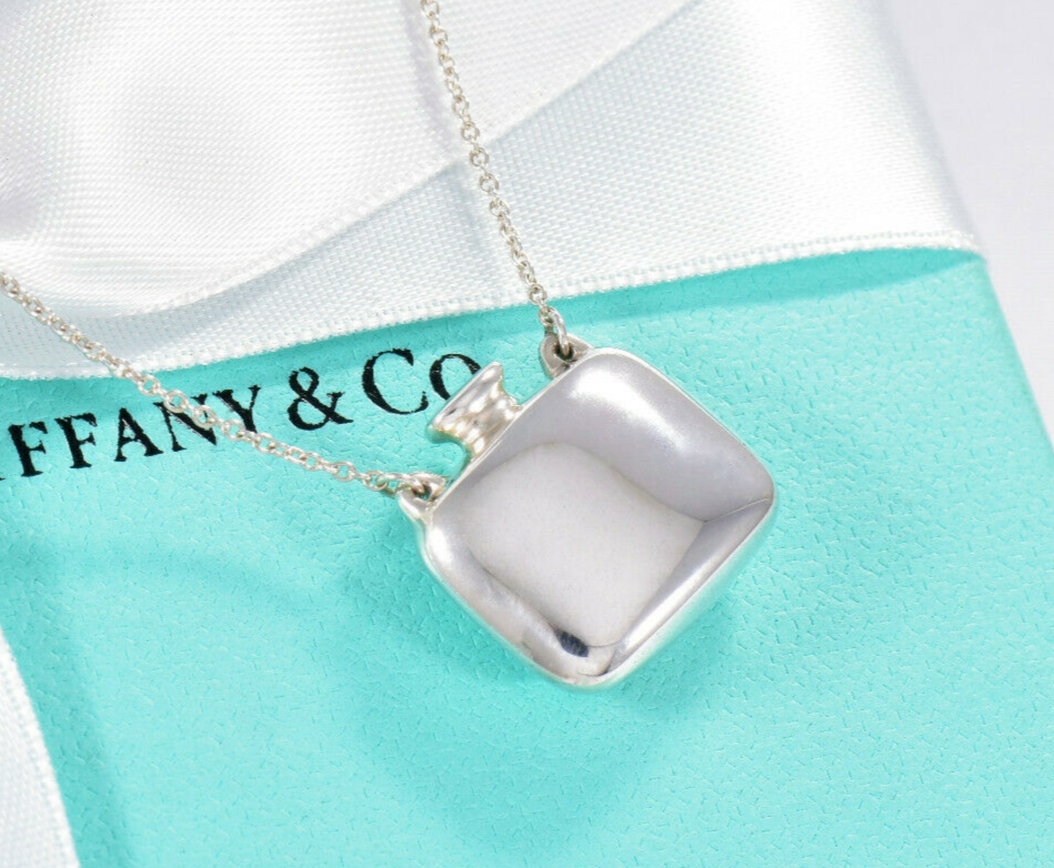 Tiffany & Co Silver Elsa Peretti Square Bottle Pendant 25" Necklace & Pouch Rare