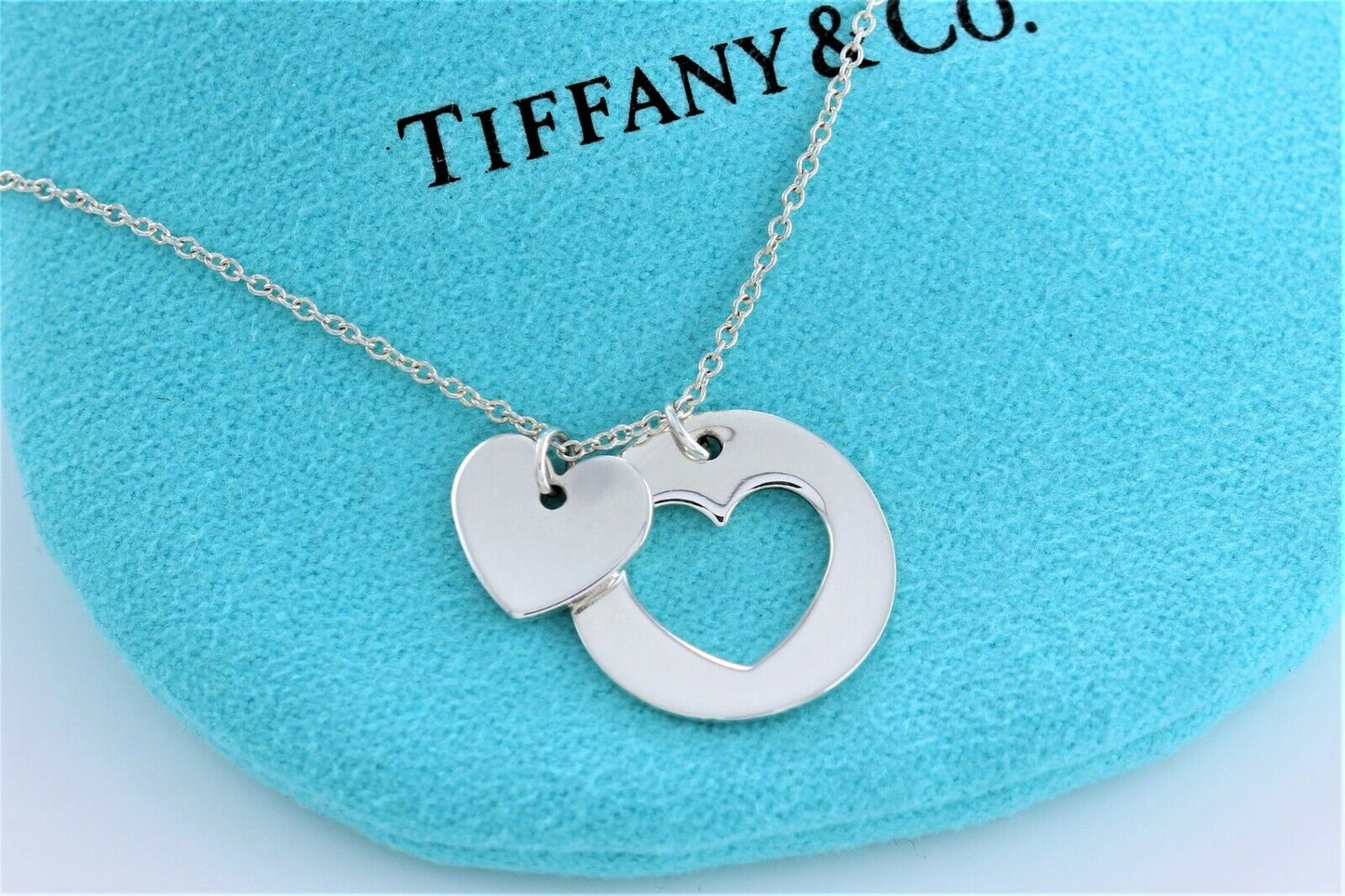 Tiffany & Co Silver Stencil Cutout Two Heart Charm Pendant 16" Love Necklace