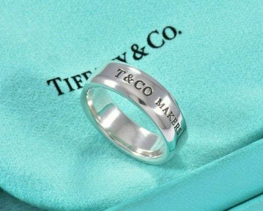 Tiffany & Co Sterling Silver Makers Medium Slice Ring Size 8 in Pouch Wide Mens