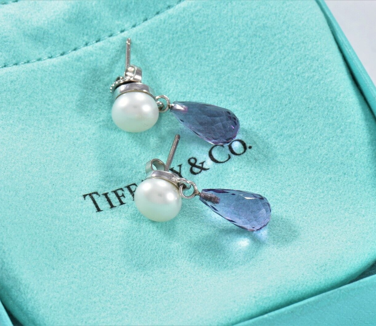 Tiffany & Co Amethyst 18K White Gold Pearl Drop Earrings Box Pouch Rare Dangling