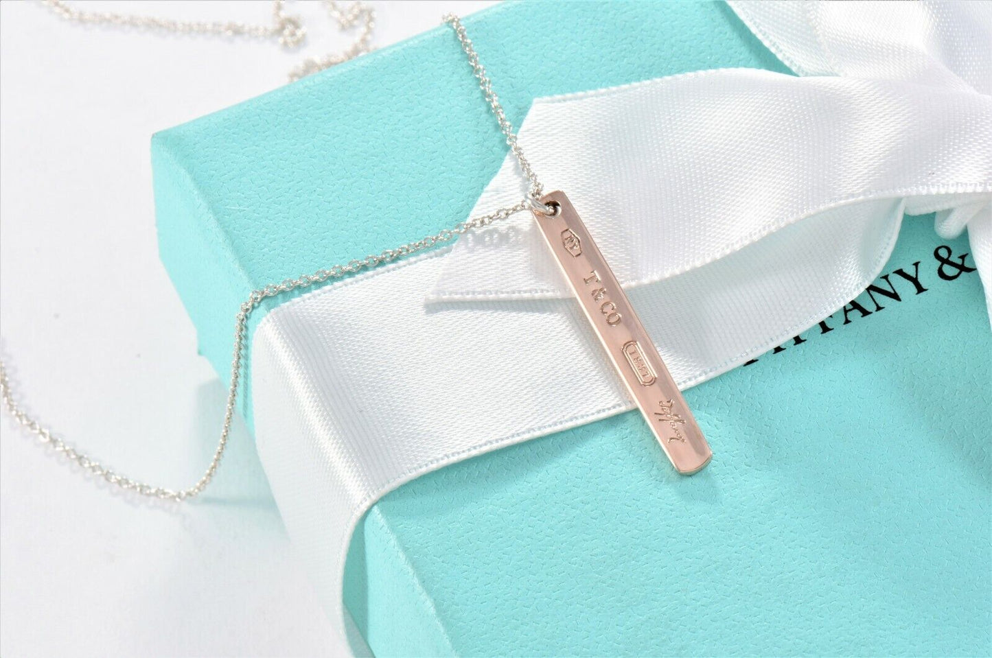 Tiffany & Co Rubedo Gold Sterling Silver 1837 Thin Bar Pendant Necklace in Pouch