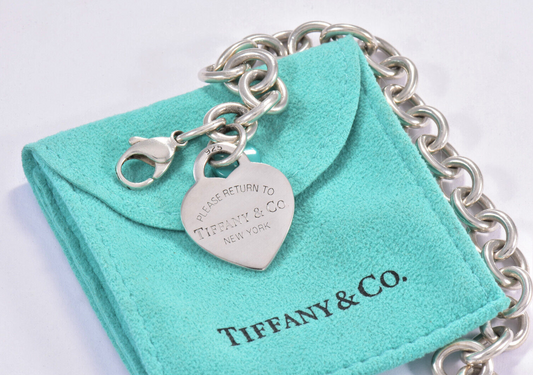 Please Return to Tiffany & Co Heart Tag 7.5" Charm Chain Link Bracelet Box Pouch