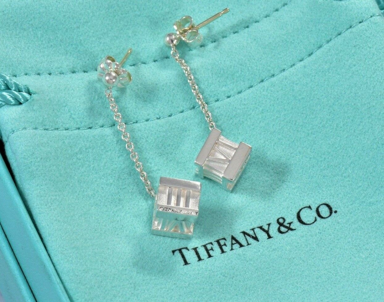 Tiffany & Co Sterling Silver Atlas Square Cube Dangling Earrings and Pouch Rare