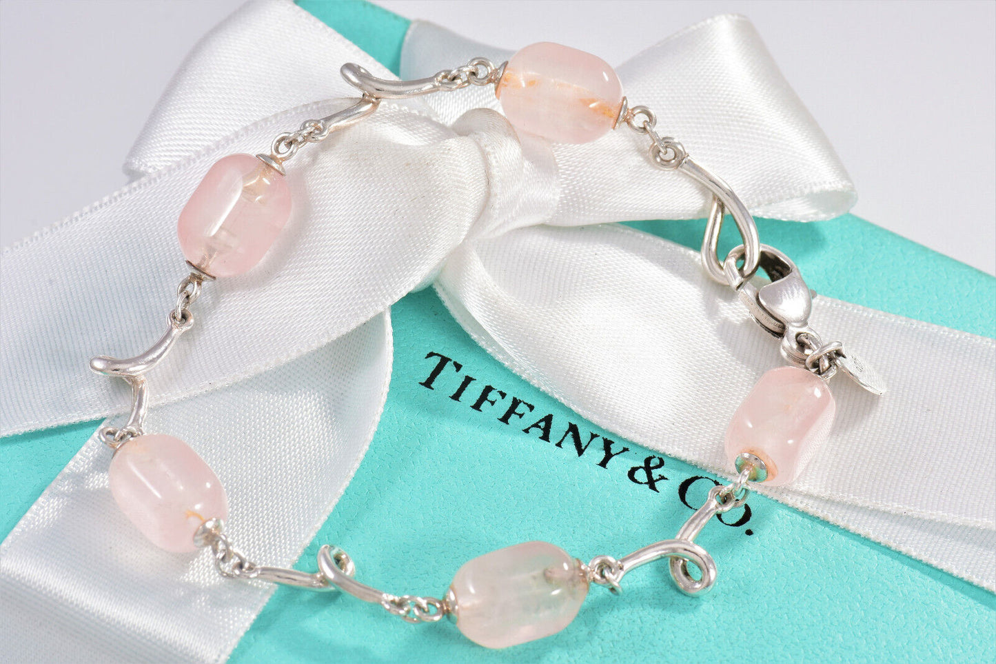 Tiffany & Co Silver Pink Rose Quartz Bead 7.25" Bracelet Twist Link & Pouch Rare