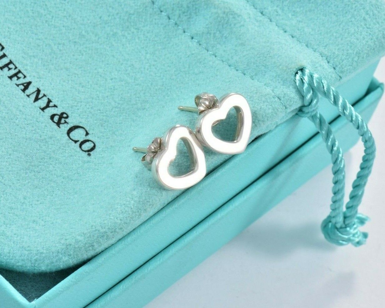 Tiffany & Co Italy Sterling Silver Open Heart Earrings in Pouch Modern Metro