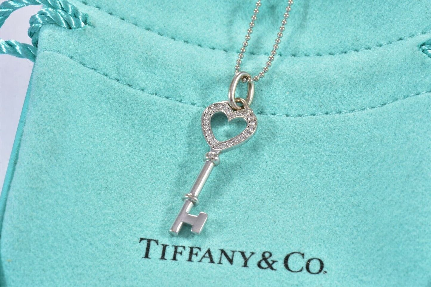 Tiffany & Co Diamond 18K White Gold Heart Key Pendant Bead Chain Necklace in Box