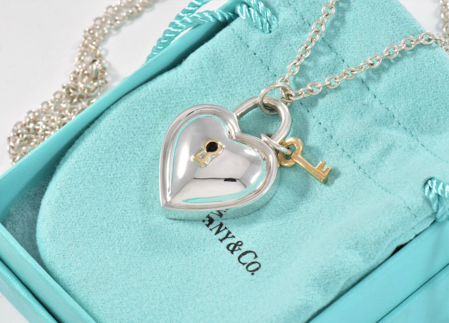 Vintage Tiffany & Co 18k Gold Silver Heart Key Lock Pendant 20.5" Chain Necklace