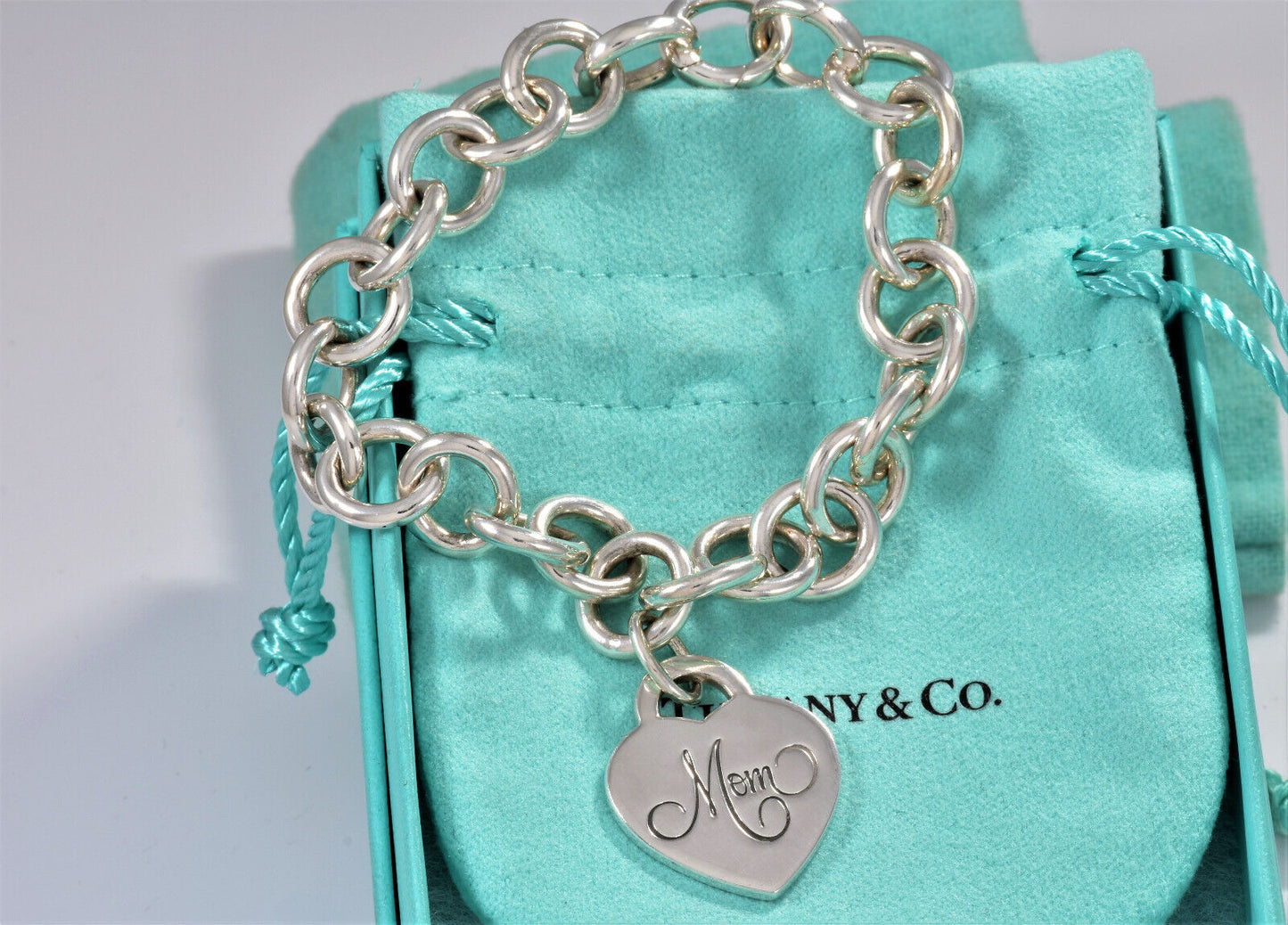 Tiffany & Co Silver Mom Heart Charm 7.75" Chain Bracelet & Box Pouch Lovely Rare