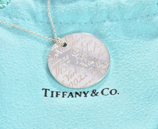 Tiffany & Co Silver NY Address Notes Wavy Round Disk Pendant 16" Necklace Circle