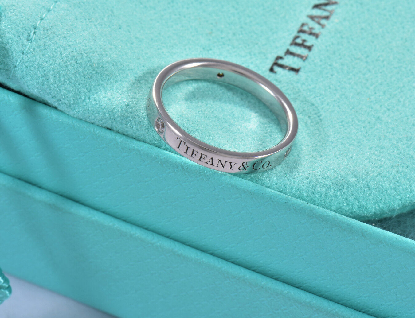 Tiffany & Co Platinum Three Diamond Band 3mm Ring Size 5.5 in Box Pouch Rare