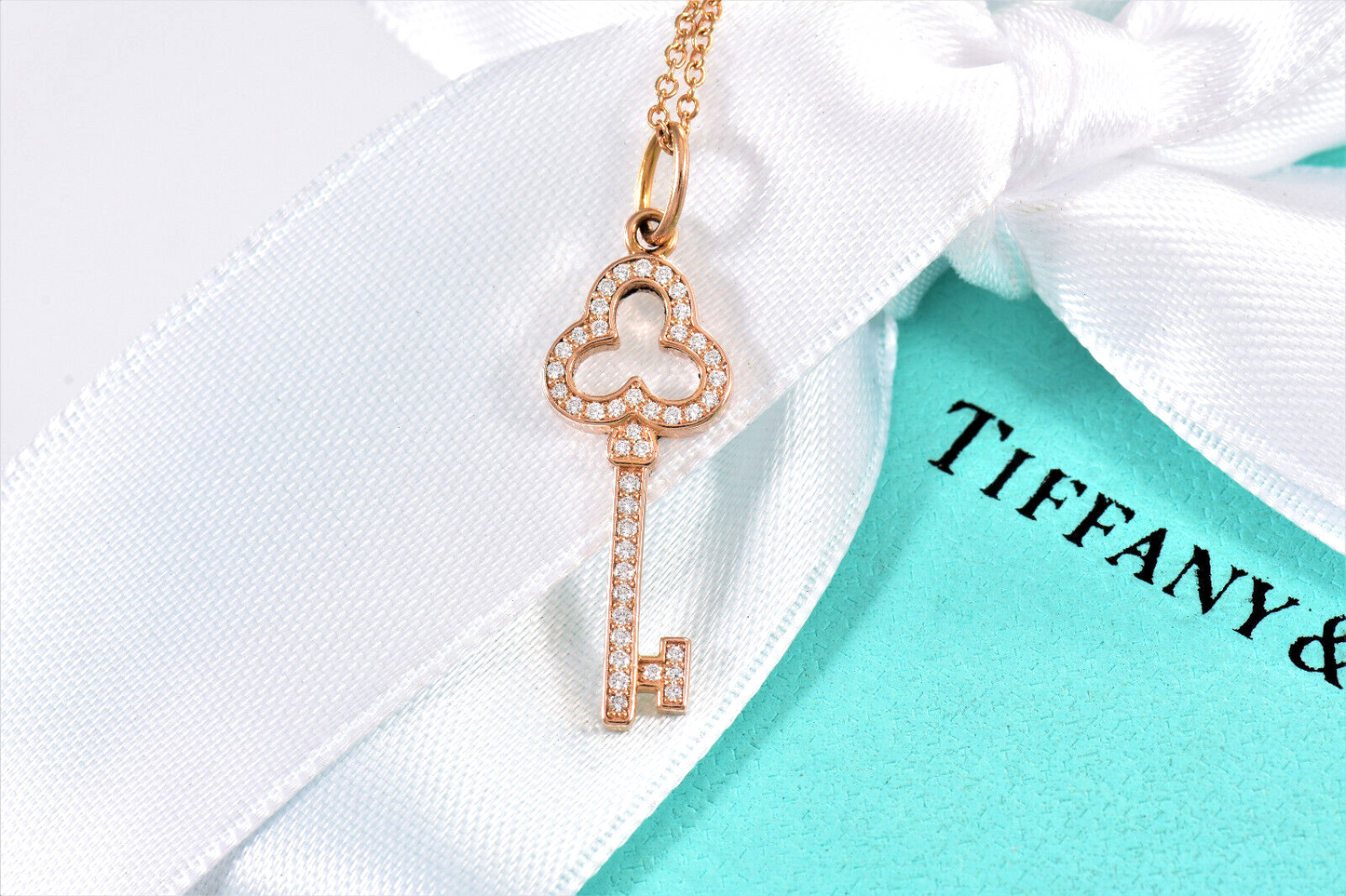 Tiffany & Co Diamond 18K Rose Gold Open Trefoil Key Pendant 16" Necklace in Box