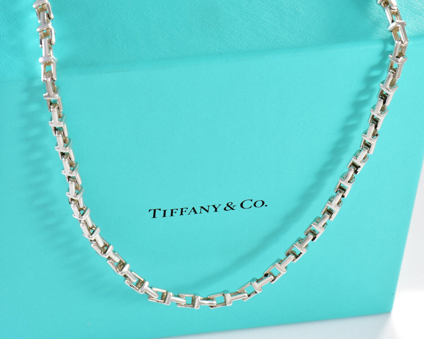 Tiffany & Co Silver Narrow Small T Square Link 20" Necklace in Box Pouch Rare