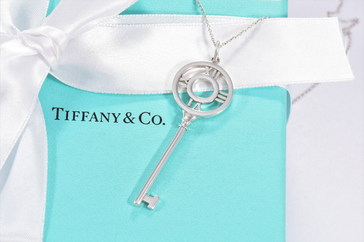 Tiffany & Co Silver 2.25" Atlas Charm Key Pendant 16.25" Necklace Boxed Numeral