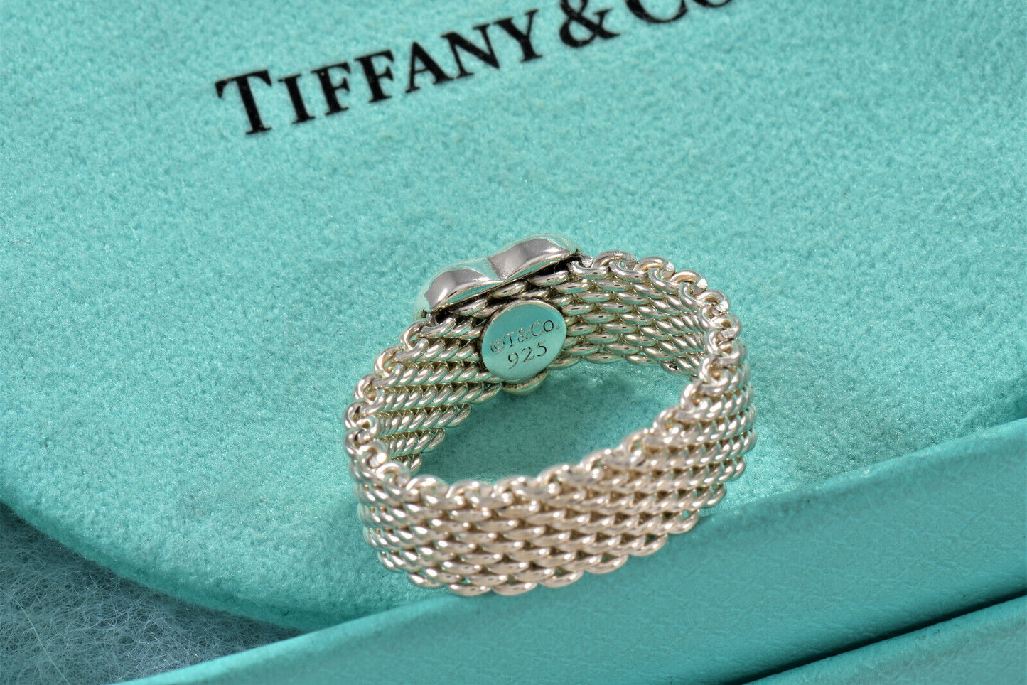 Tiffany & Co Sterling Silver Heart Mesh Love Ring Size 6.5 in Pouch Rare Lovely