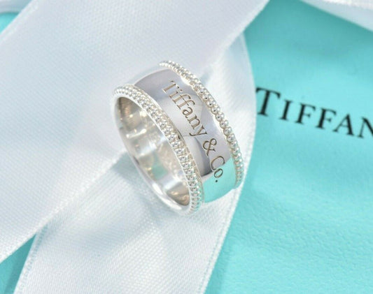 Tiffany & Co Sterling Silver Yours Bead Edge Band Ring Size 4.5 & Pouch Lovely