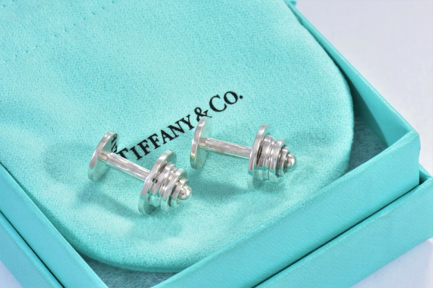 Tiffany & Co Silver Picasso Stack Tiered Barbell Cufflinks in Pouch Men's Suit