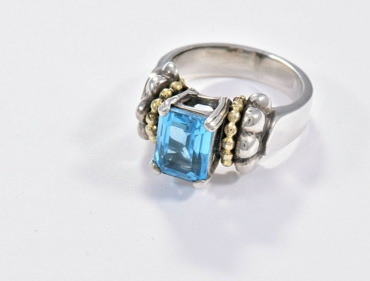 Vintage Lagos Blue Topaz Glacier Caviar Sterling Silver 18k Yellow Gold Ring