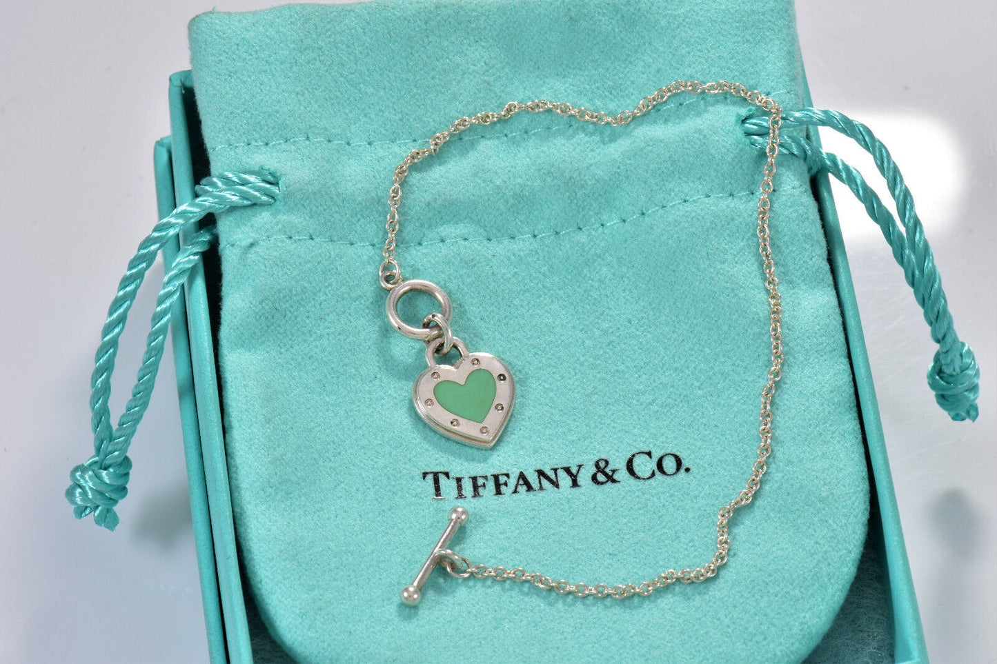 Return To Love Tiffany & Co Silver Blue Enamel Heart Lock Toggle 6.5" Bracelet