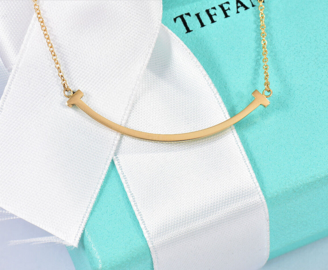 Tiffany & Co 18K Yellow Gold Small T Smile Pendant Necklace 16-18" in Box Pouch