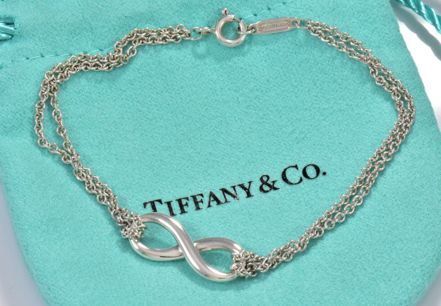 Tiffany & Co Sterling Silver Double Chain Infinity Bracelet 6.8" Boxed Lovely