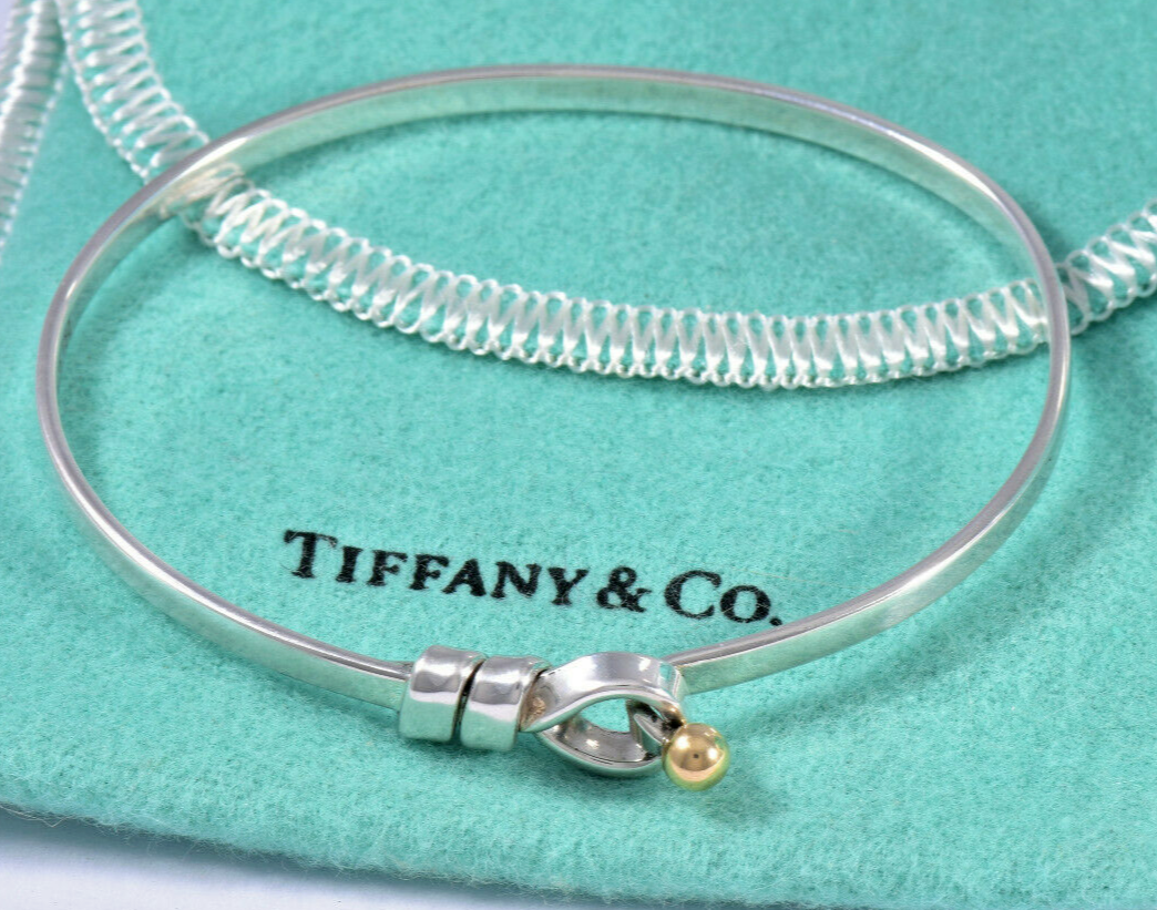 Tiffany & Co 18k Gold Silver Hook Eye Rope Bracelet in Pouch Rare Bangle Cuff