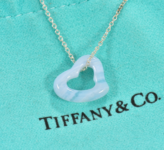 Tiffany & Co Silver Elsa Peretti Blue Agate Gem Open Heart Pendant 18" Necklace